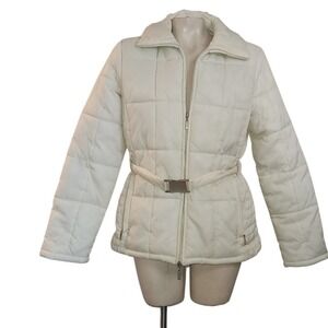 Amisu Womens Quilted Puffer Jacket Belted Cream Off White Zip Up Size 38 Coat